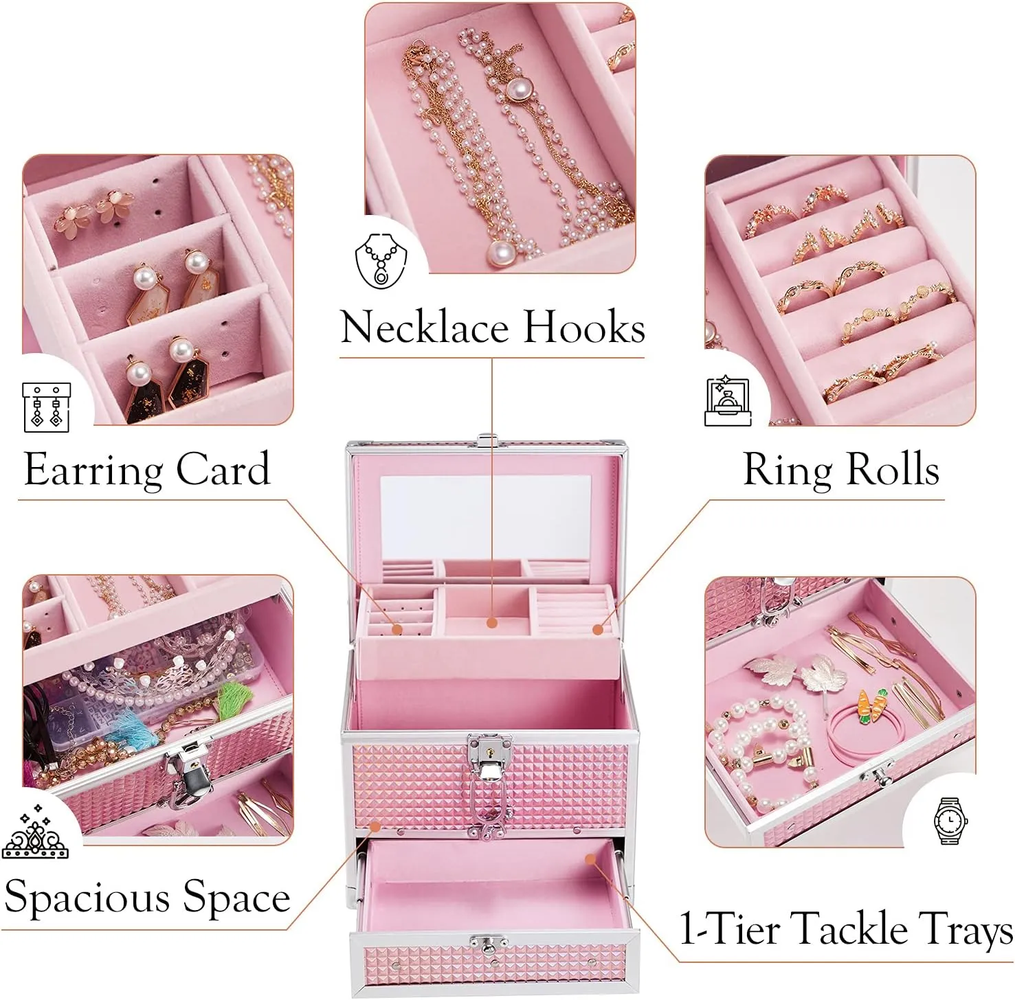 Hododou Girls Jewelry Box Organizer with Drawer & Mirror, Shiny Pink Style Lockable Storage Case for Kid or Little Girls Jewelry and Hair Accessories