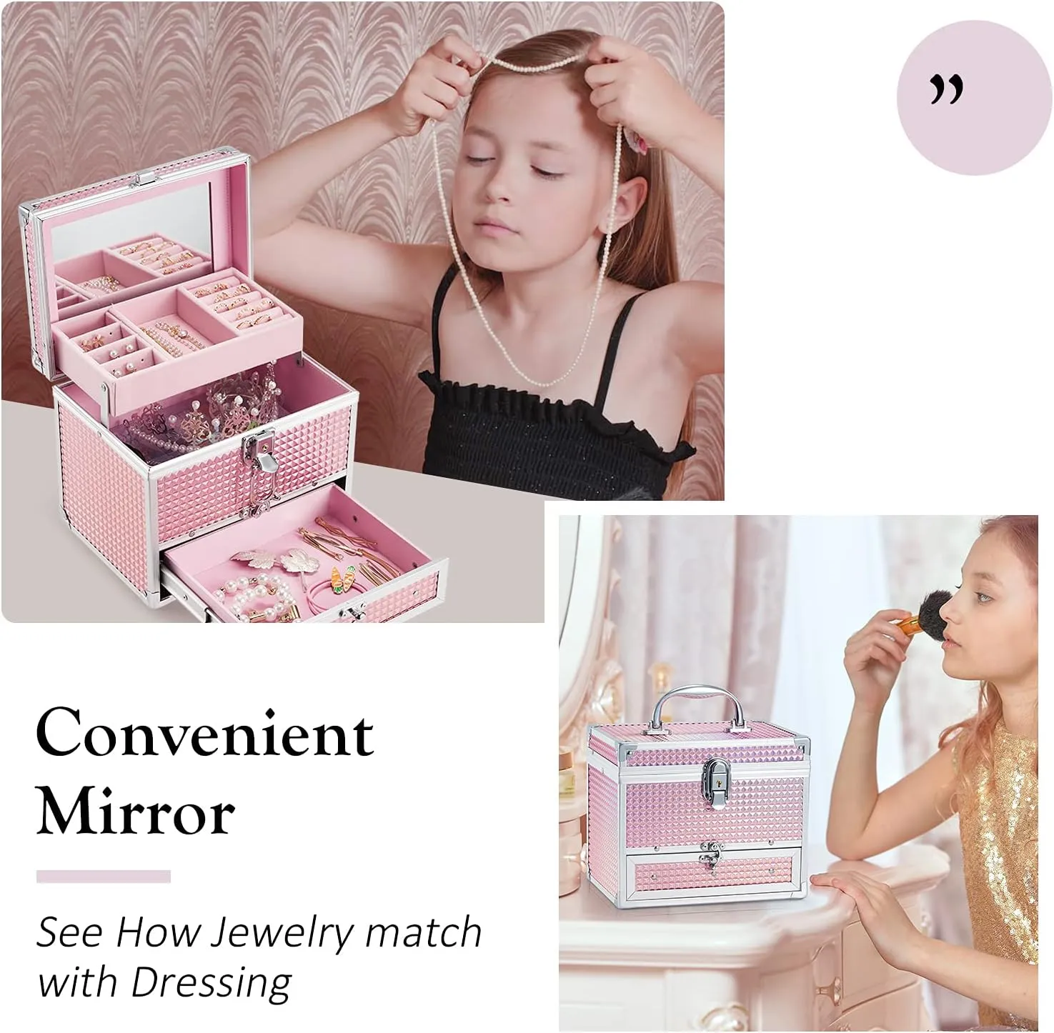 Hododou Girls Jewelry Box Organizer with Drawer & Mirror, Shiny Pink Style Lockable Storage Case for Kid or Little Girls Jewelry and Hair Accessories