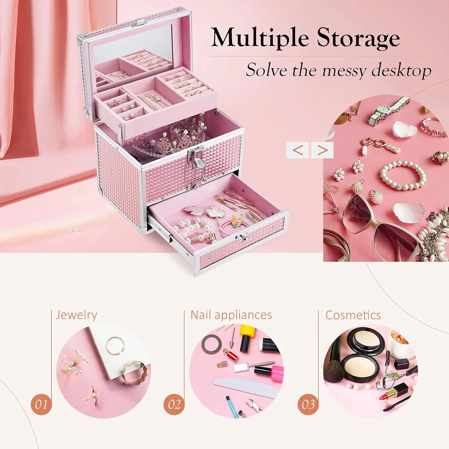 Hododou Girls Jewelry Box Organizer with Drawer & Mirror, Shiny Pink Style Lockable Storage Case for Kid or Little Girls Jewelry and Hair Accessories