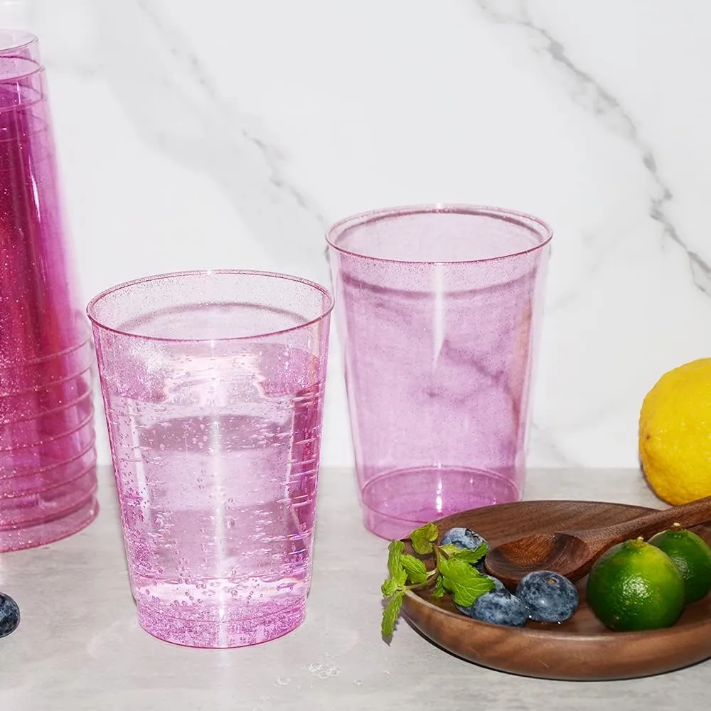 Homy Feel 12 Oz Pink Glitter Plastic Cups 50PCS,Disposable Cocktail Cups,Plastic Wine,Plastic Cups,Drink Cups for Wedding Party, Valentine's Day Supplies