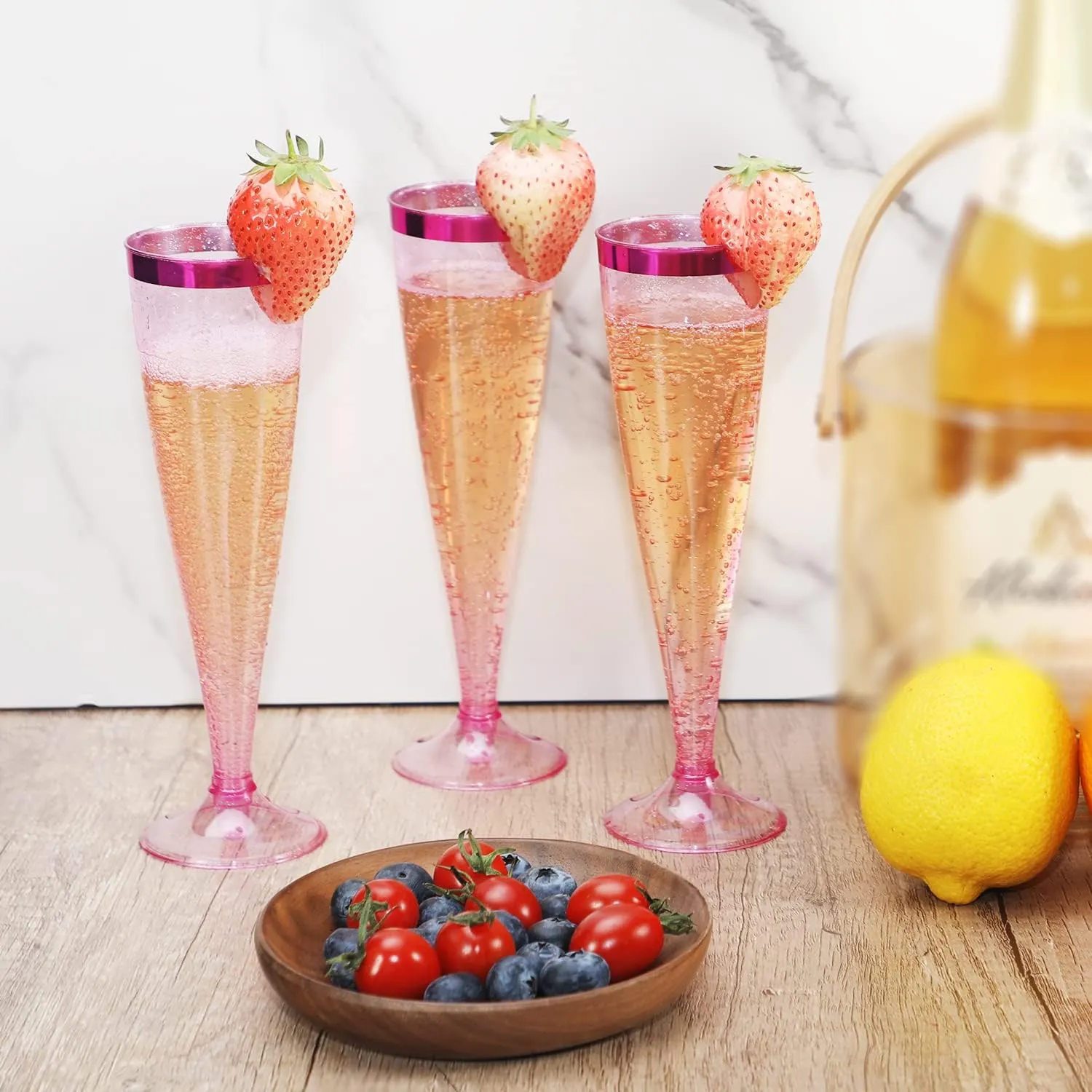 Homy Feel 5 OZ Pink Glitter Pink Rim Plastic Champagne Flutes 30 Pack, Disposable Wine Glasses,Plastic Champagne Glasses Champagne Punch,Mimosa Bar Wedding Cups for Party