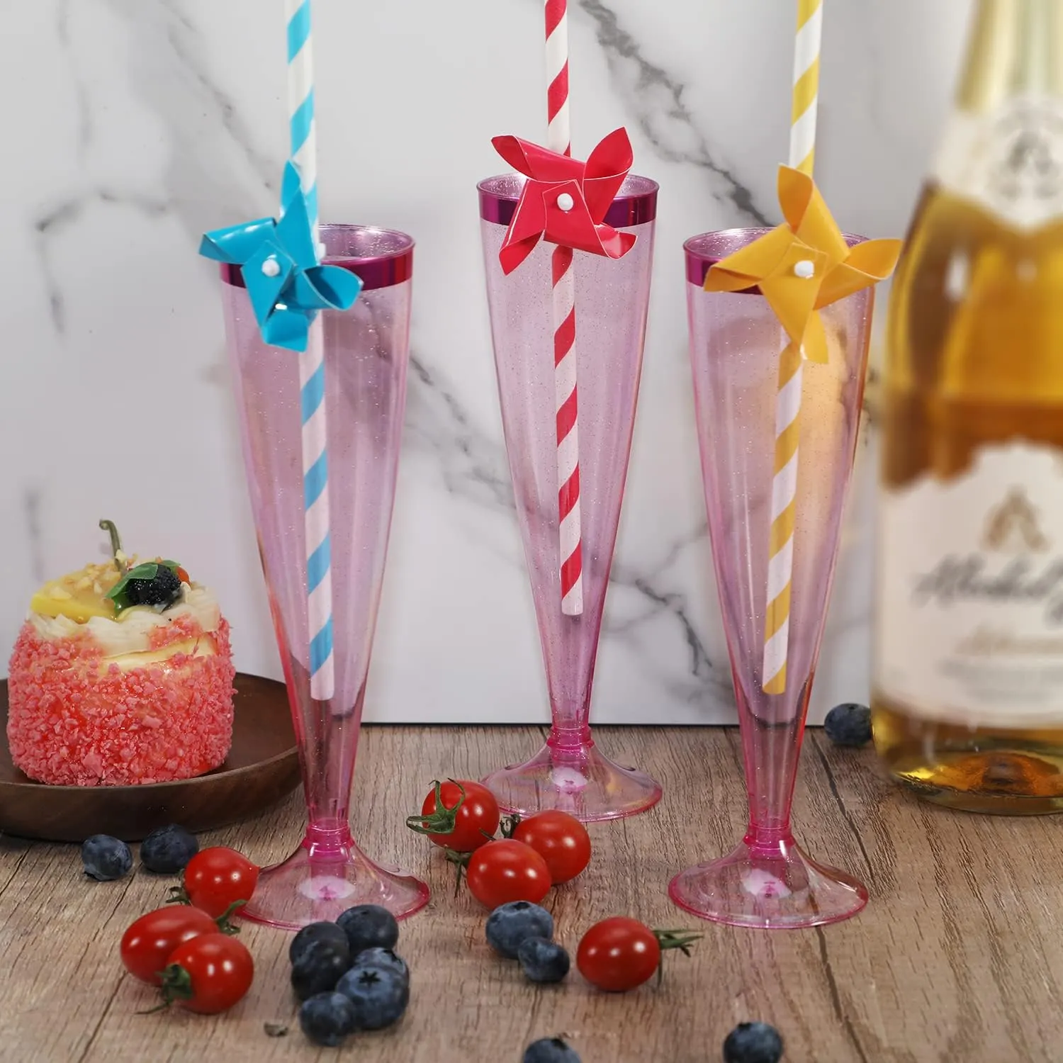 Homy Feel 5 OZ Pink Glitter Pink Rim Plastic Champagne Flutes 30 Pack, Disposable Wine Glasses,Plastic Champagne Glasses Champagne Punch,Mimosa Bar Wedding Cups for Party