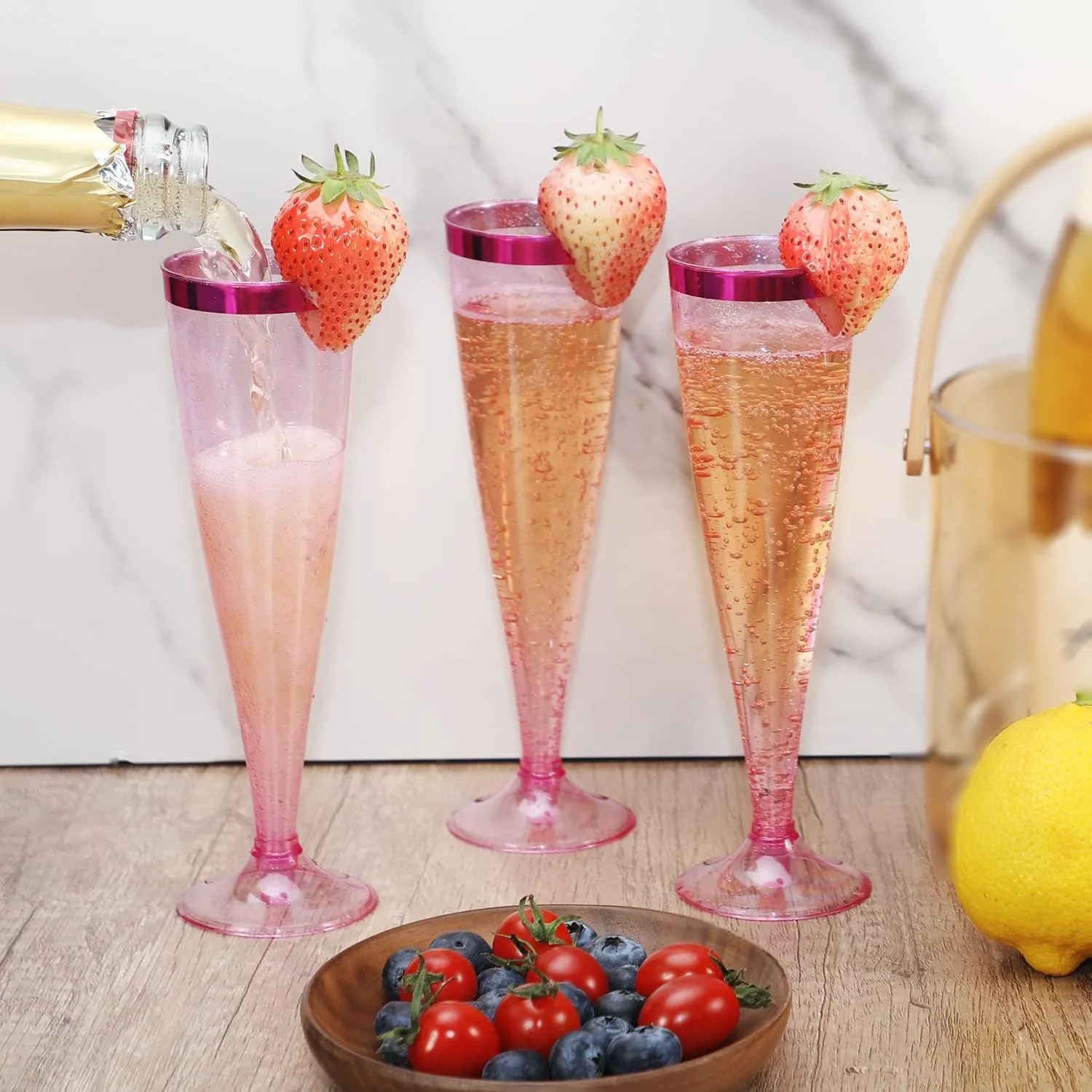 Homy Feel 5 OZ Pink Glitter Pink Rim Plastic Champagne Flutes 30 Pack, Disposable Wine Glasses,Plastic Champagne Glasses Champagne Punch,Mimosa Bar Wedding Cups for Party