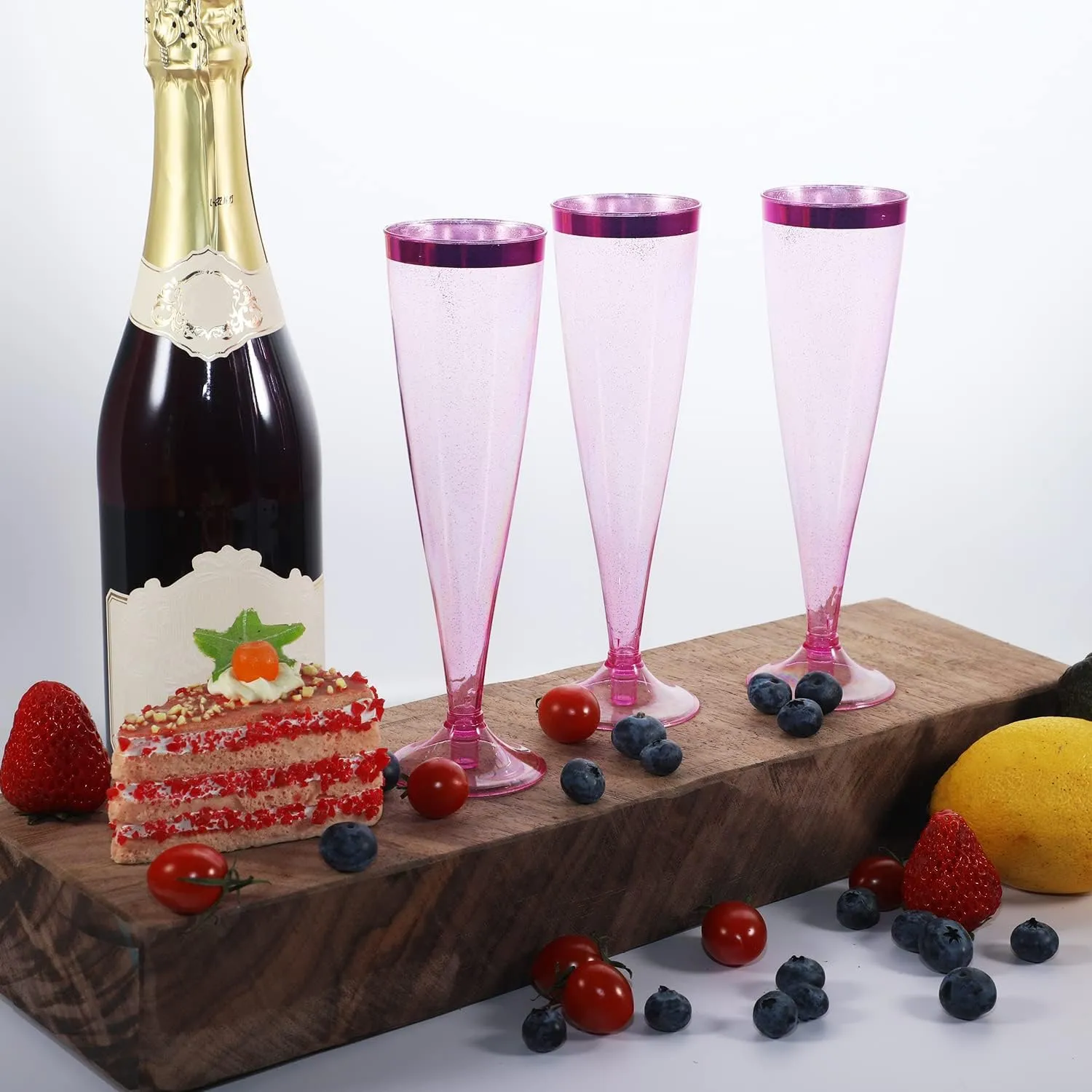 Homy Feel 5 OZ Pink Glitter Pink Rim Plastic Champagne Flutes 30 Pack, Disposable Wine Glasses,Plastic Champagne Glasses Champagne Punch,Mimosa Bar Wedding Cups for Party
