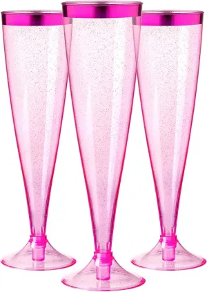 Homy Feel 5 OZ Pink Glitter Pink Rim Plastic Champagne Flutes 30 Pack, Disposable Wine Glasses,Plastic Champagne Glasses Champagne Punch,Mimosa Bar Wedding Cups for Party