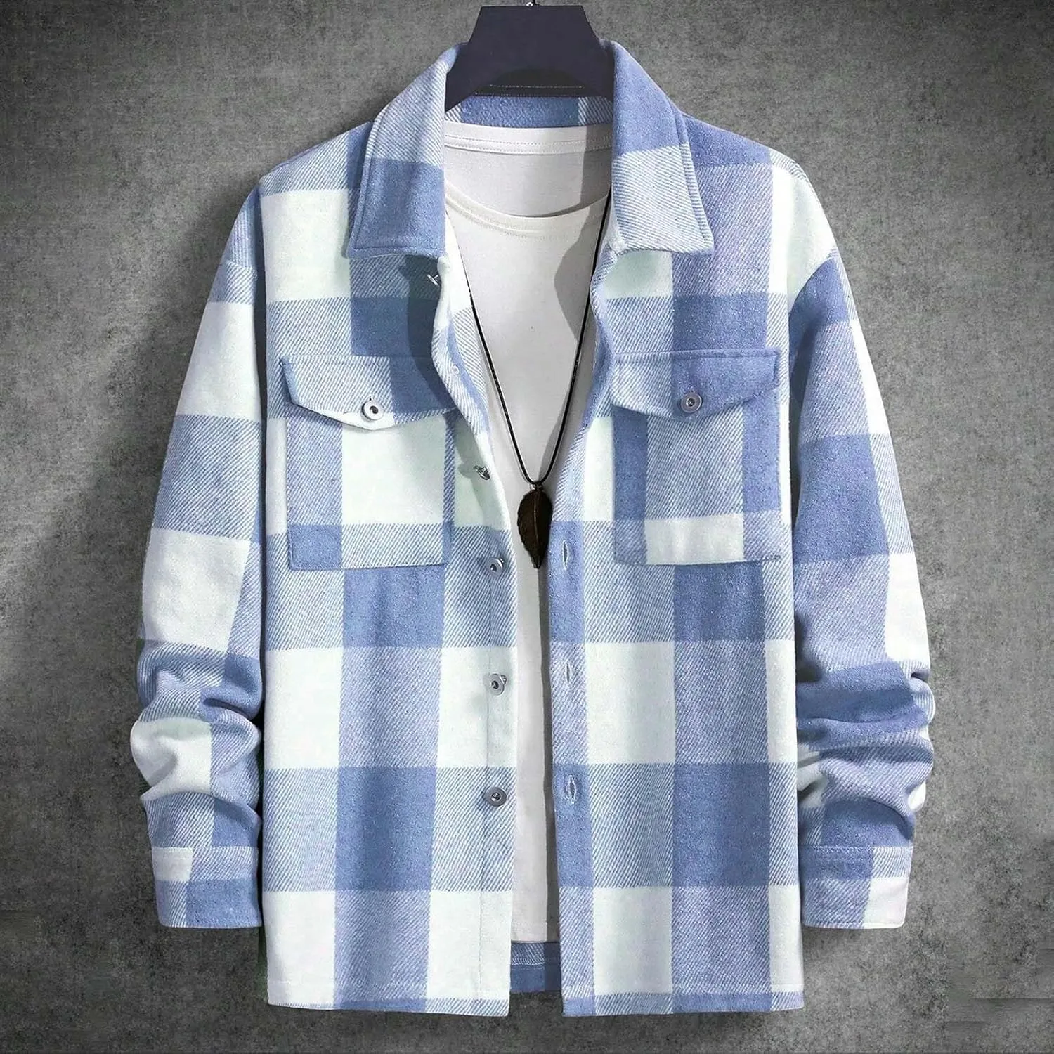 Hoodies for Men Winter Fashion Plaid Single Sided Velvet Pocket Hooded Buckle Composite Coat Jacket Thick Coat Men