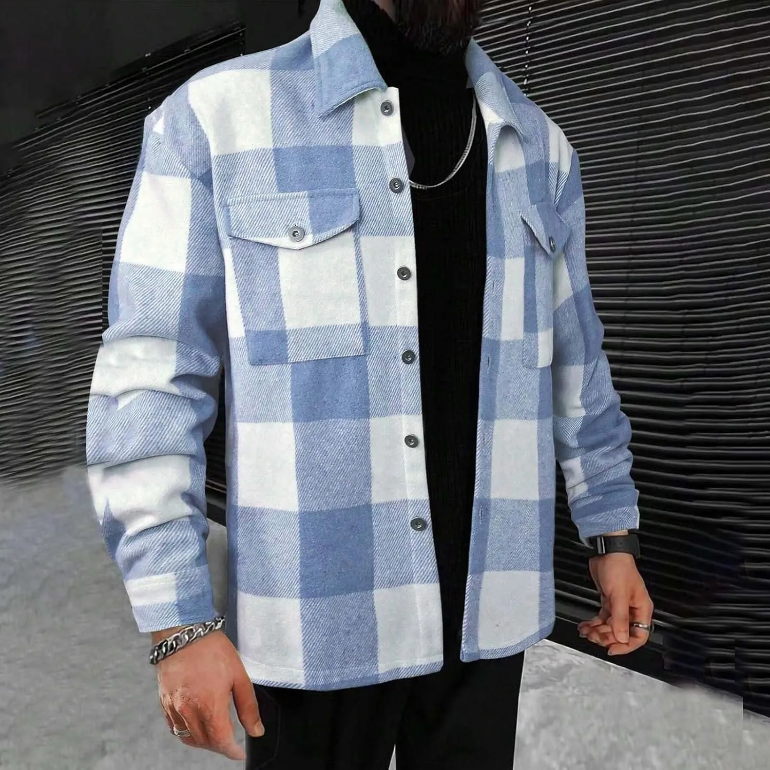 Hoodies for Men Winter Fashion Plaid Single Sided Velvet Pocket Hooded Buckle Composite Coat Jacket Thick Coat Men