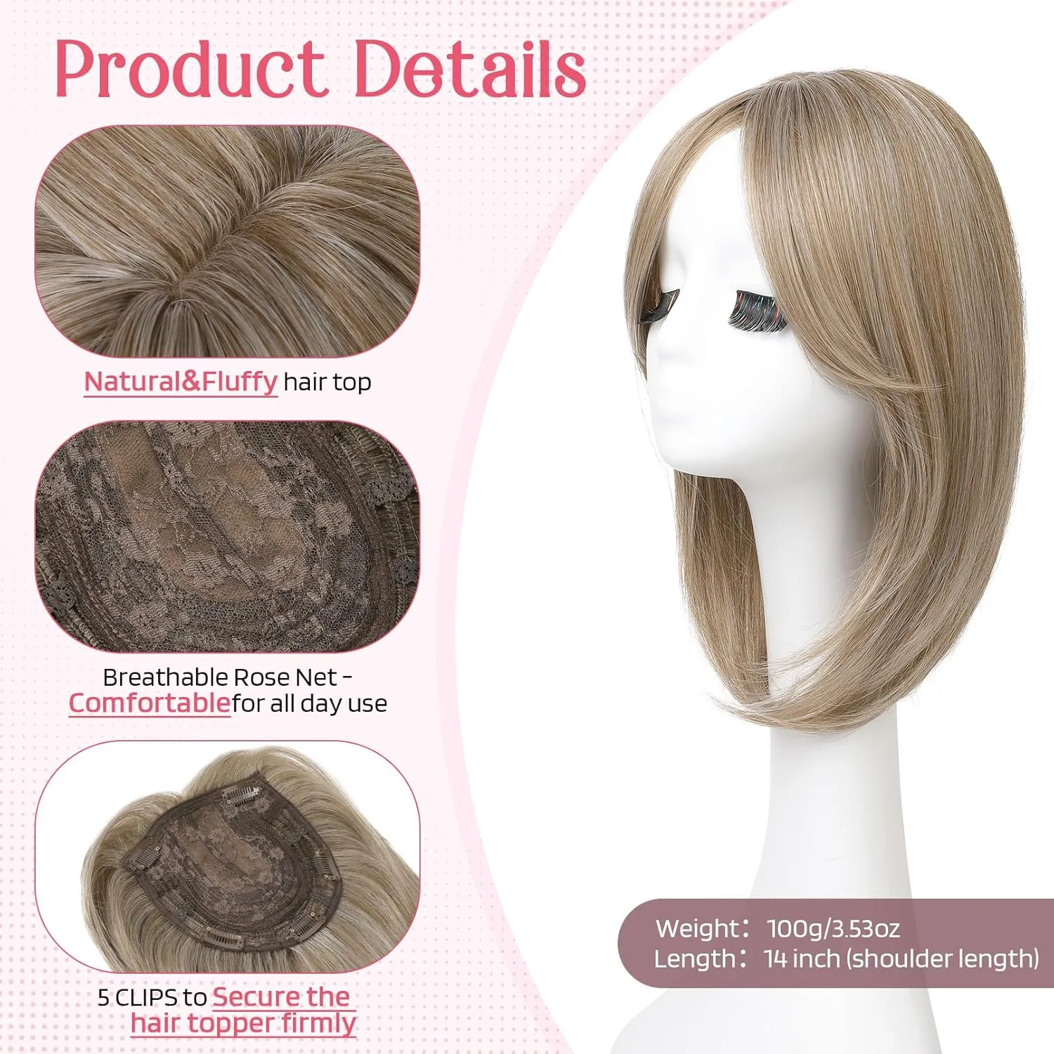 HOOJIH Long Layered Hair Topper with Bangs for Women with Thinning Hair, 14 Inch Slightly Curled Ends Synthetic Fiber Wiglets - Gray with Warm Brown Mixed