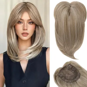 HOOJIH Long Layered Hair Topper with Bangs for Women with Thinning Hair, 14 Inch Slightly Curled Ends Synthetic Fiber Wiglets - Gray with Warm Brown Mixed