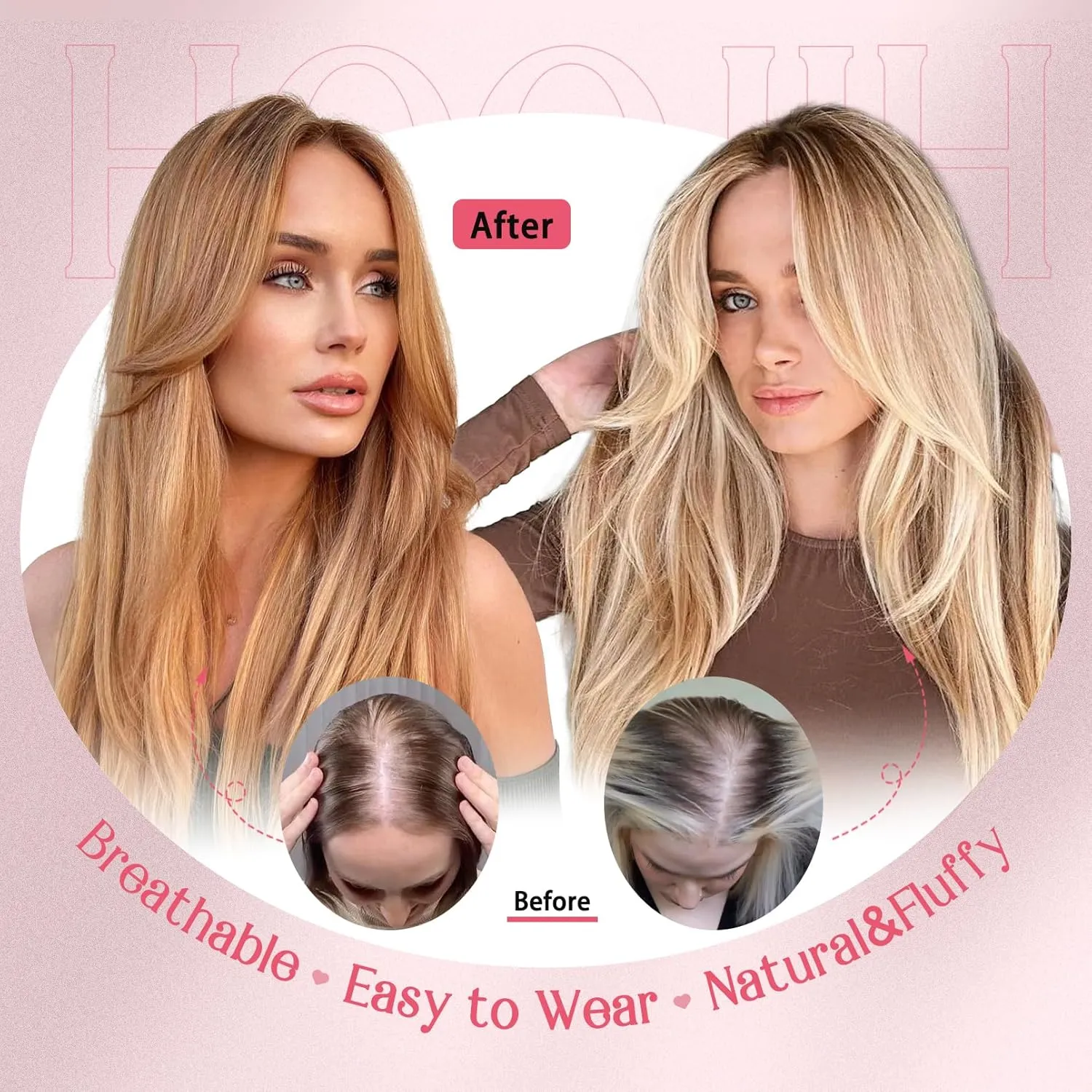 HOOJIH Long Layered Hair Topper with Bangs for Women with Thinning Hair, 14 Inch Slightly Curled Ends Synthetic Fiber Wiglets - Gray with Warm Brown Mixed