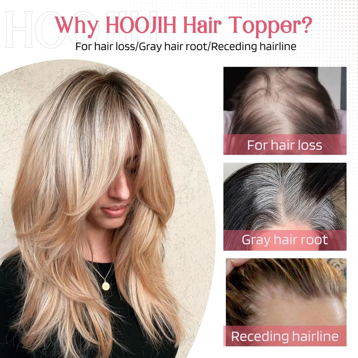 HOOJIH Long Layered Hair Topper with Bangs for Women with Thinning Hair, 14 Inch Slightly Curled Ends Synthetic Fiber Wiglets - Gray with Warm Brown Mixed