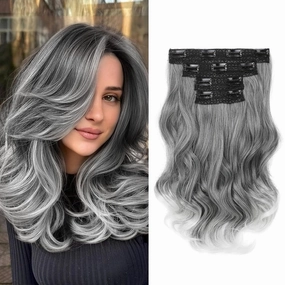 HOOJIH Clip in Hair Extensions 4PCS 14" Short Curly Clip on Hair Extensions Invisible Lace Weft Natural Soft Hairpieces for Women - Grey with White Ends