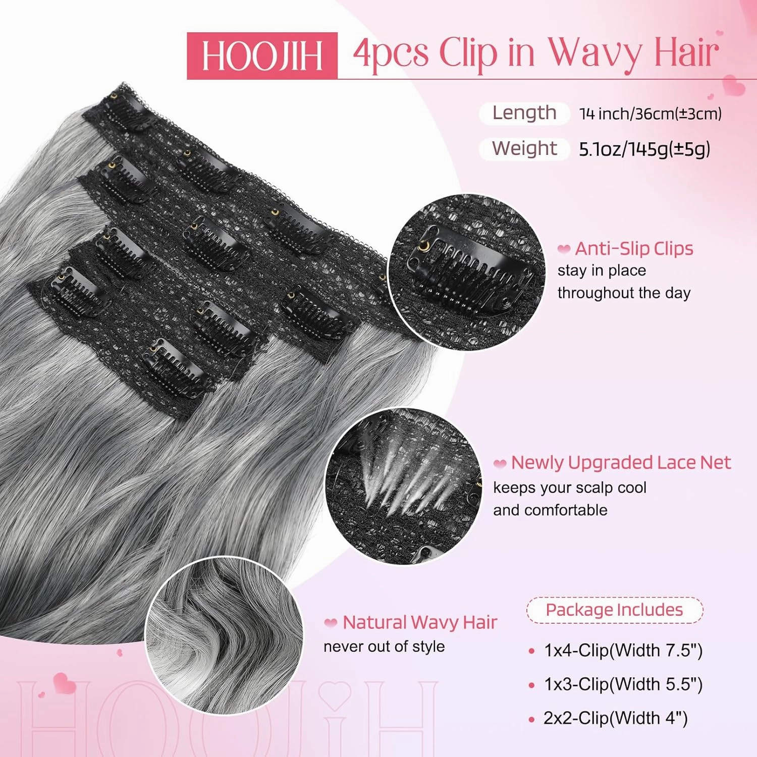 HOOJIH Clip in Hair Extensions 4PCS 14" Short Curly Clip on Hair Extensions Invisible Lace Weft Natural Soft Hairpieces for Women - Grey with White Ends