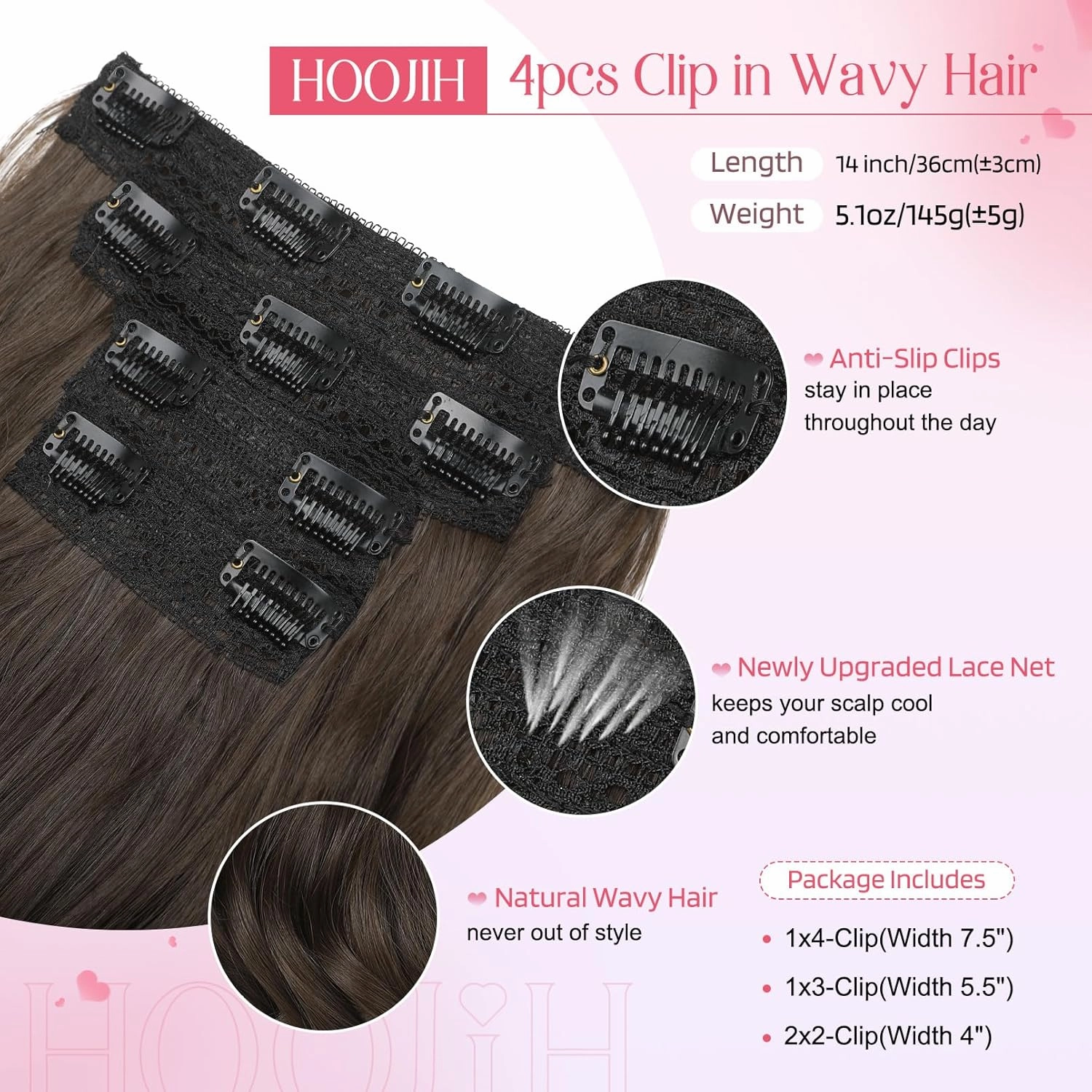 HOOJIH Hair Extensions - 14" Short Curly Clip in Dark Brown Hairpieces - 4PCS Invisible Lace Weft for Women - Natural Soft