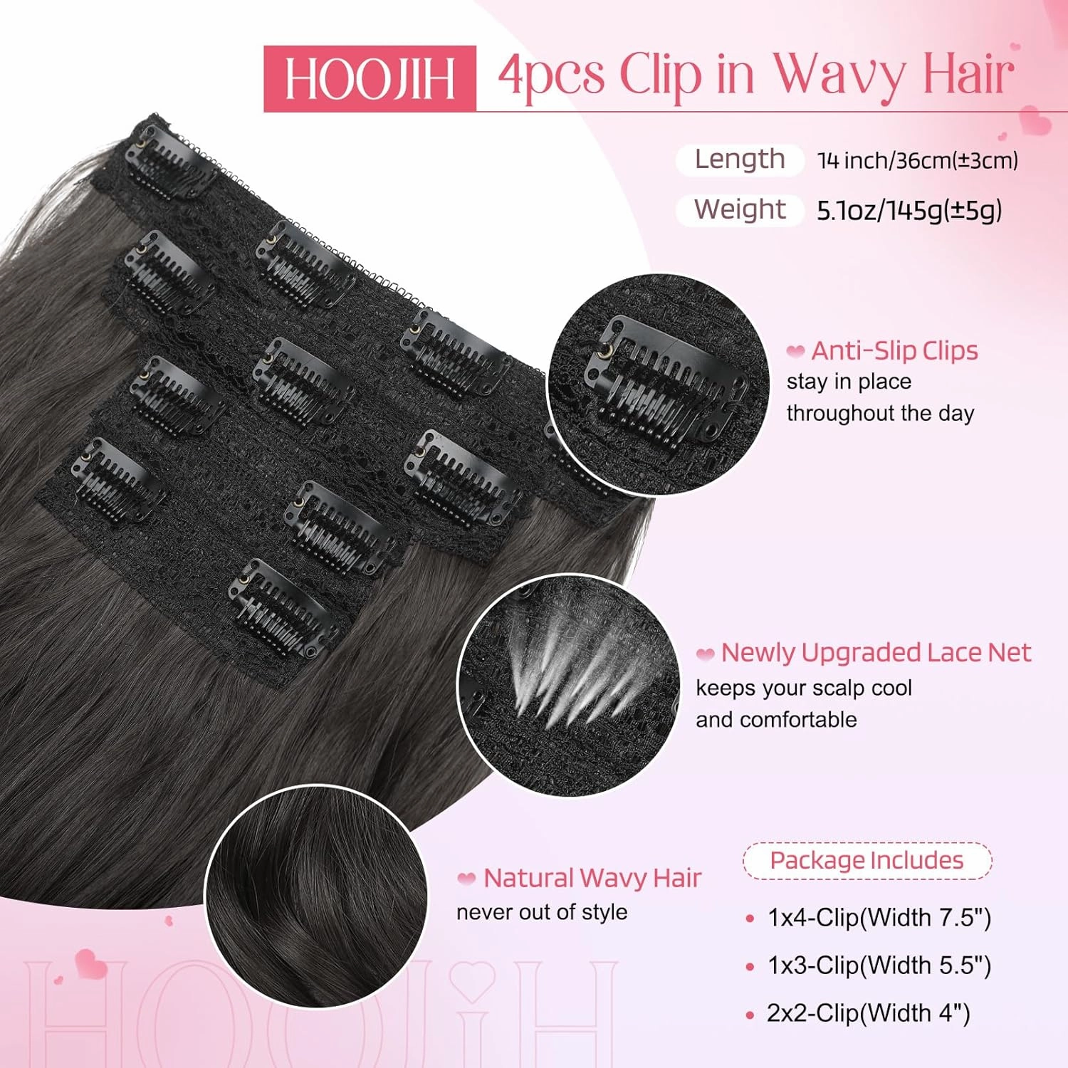 HOOJIH Hair Extensions - 14" Short Curly Clip in Extensions, 4PCS Black Brown, Invisible Lace Weft, Natural Soft Hairpieces for Women
