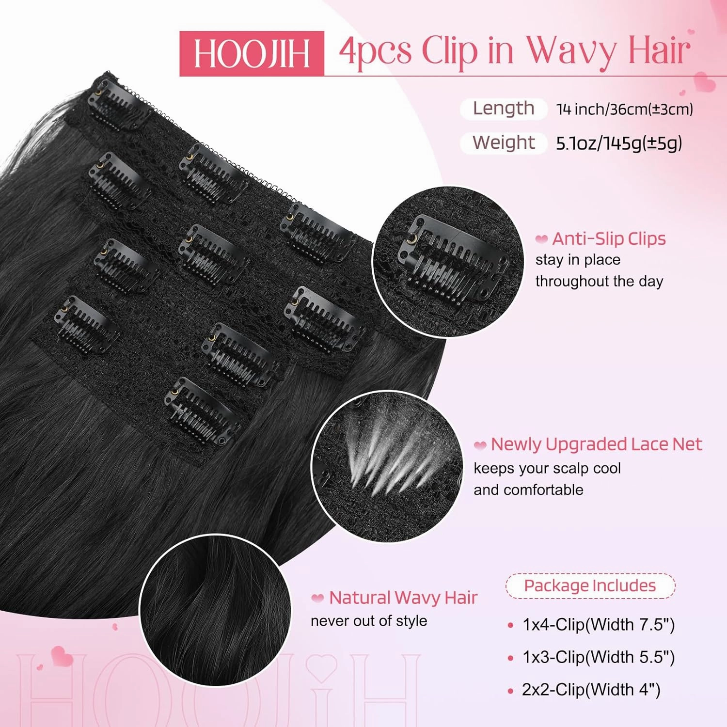 HOOJIH Hair Extensions, Clip in Hair Extensions 4PCS Black Hair Extension 14" Short Wavy Curly Clip on Hair Extensions Invisible Lace Weft Natural Soft Hairpieces for Women - Black