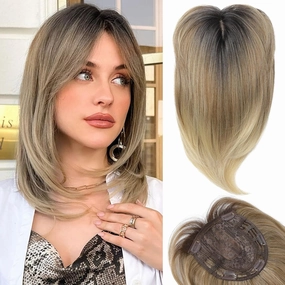 HOOJIH Hair Topper - Short Layered Wig with Bangs for Women with Thinning Hair, 14 Inch Slightly Curled Ends - Synthetic Fiber, Ombre Ash Blonde with Dark Root