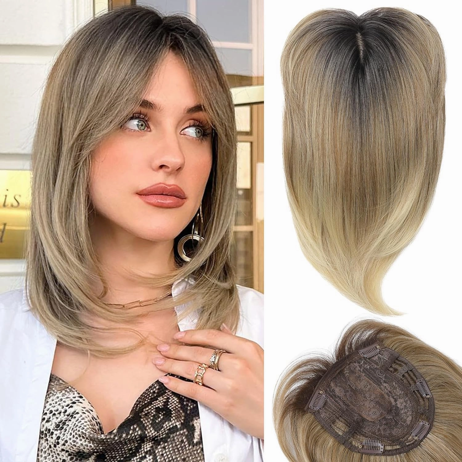 HOOJIH Hair Topper - Short Layered Wig with Bangs for Women with Thinning Hair, 14 Inch Slightly Curled Ends - Synthetic Fiber, Ombre Ash Blonde with Dark Root