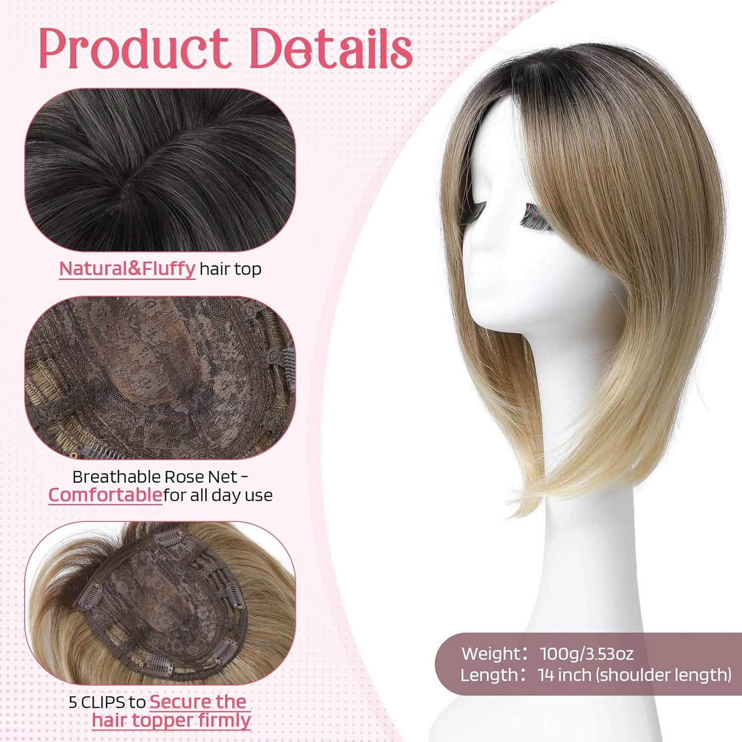 HOOJIH Hair Topper - Short Layered Wig with Bangs for Women with Thinning Hair, 14 Inch Slightly Curled Ends - Synthetic Fiber, Ombre Ash Blonde with Dark Root