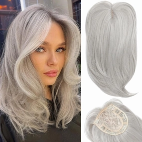 HOOJIH Hair Topper, Short Layered Hair Topper with Bangs for Women with Thinning Hair 14 Inch Slightly Curled Ends Wiglets Synthetic Fiber Hair Pieces for Women - Silver Gray With Little Brown Mixed