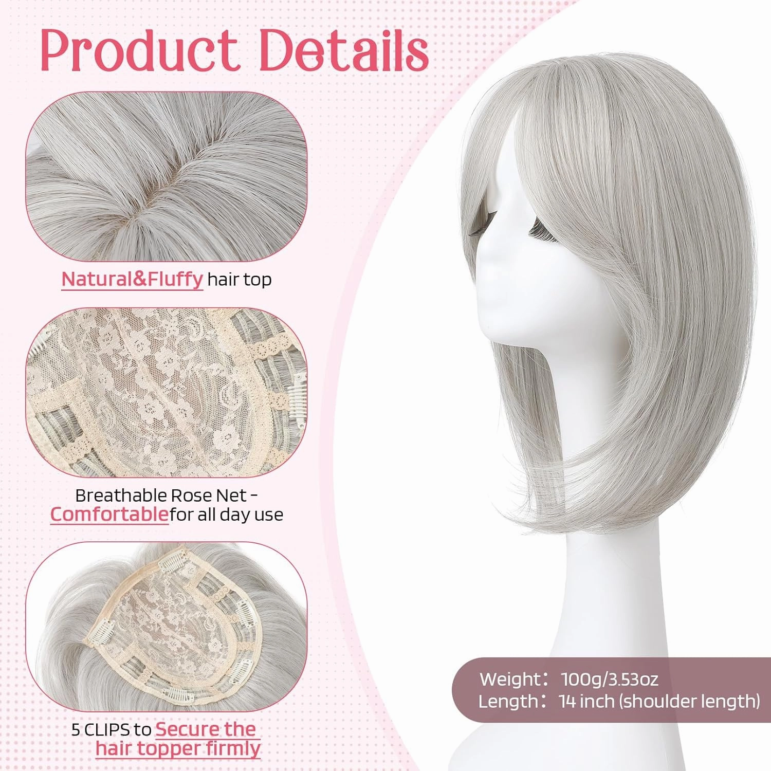 HOOJIH Hair Topper, Short Layered Hair Topper with Bangs for Women with Thinning Hair 14 Inch Slightly Curled Ends Wiglets Synthetic Fiber Hair Pieces for Women - Silver Gray With Little Brown Mixed