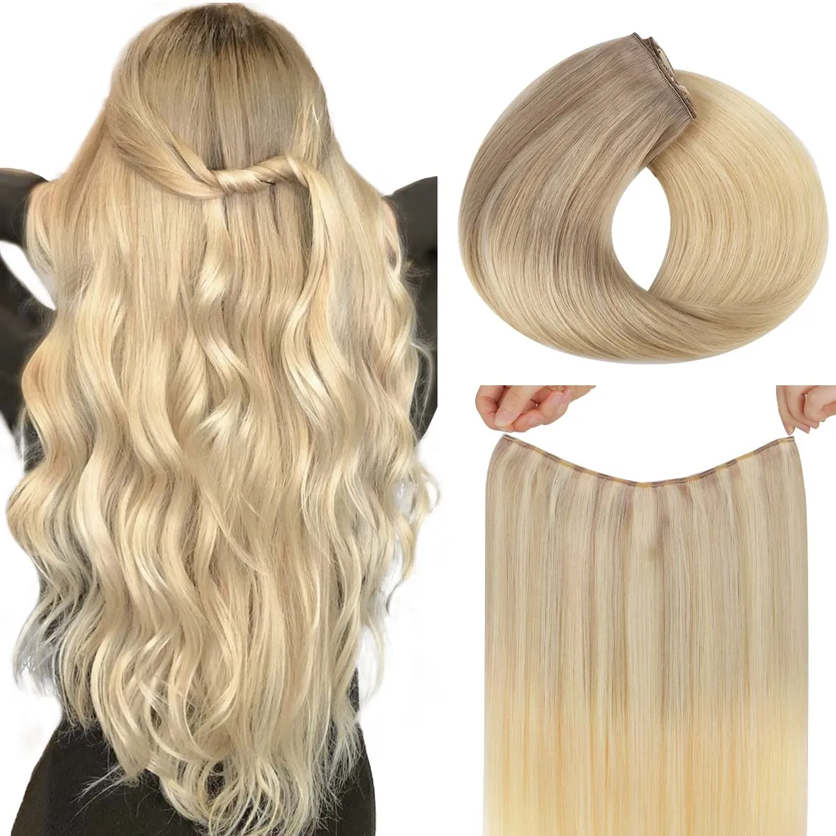 HOTBANANA Wire Hair Extensions, 14 inch 75g Ash Blonde to Golden & Platinum Blonde Fish Line Real Human Remy Straight Invisible Wire Extensions