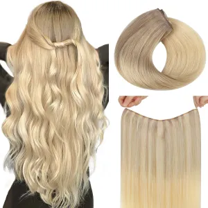 HOTBANANA Wire Hair Extensions, 14 inch 75g Ash Blonde to Golden & Platinum Blonde Fish Line Real Human Remy Straight Invisible Wire Extensions