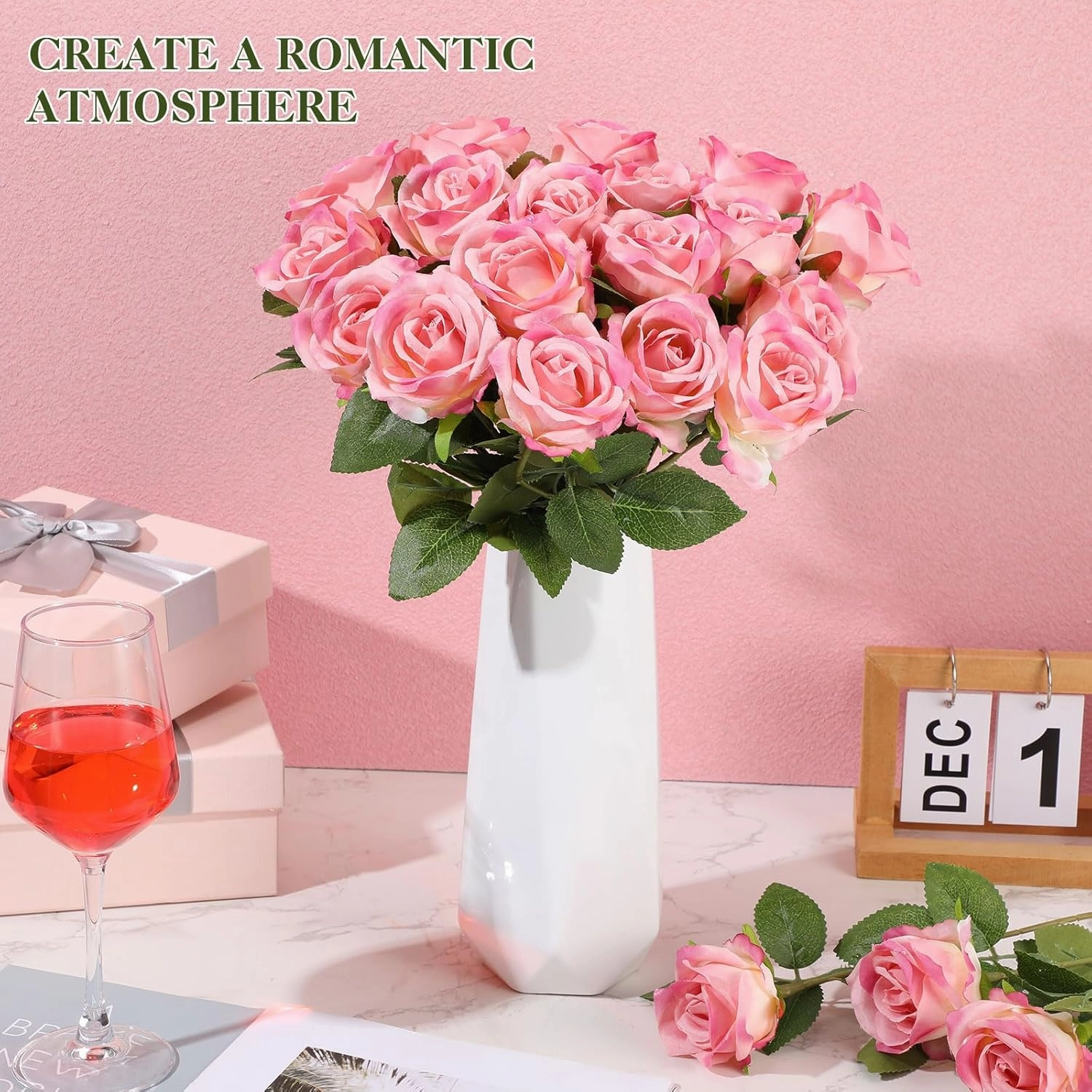 Hotop 20 Pcs Artificial Rose Flowers with Long Stem,Real Touch Silk Realistic Plastic Bouquet Roses Bulk for Home Decor Bridal Wedding Party Table Centerpieces Decorations(Rose Red)