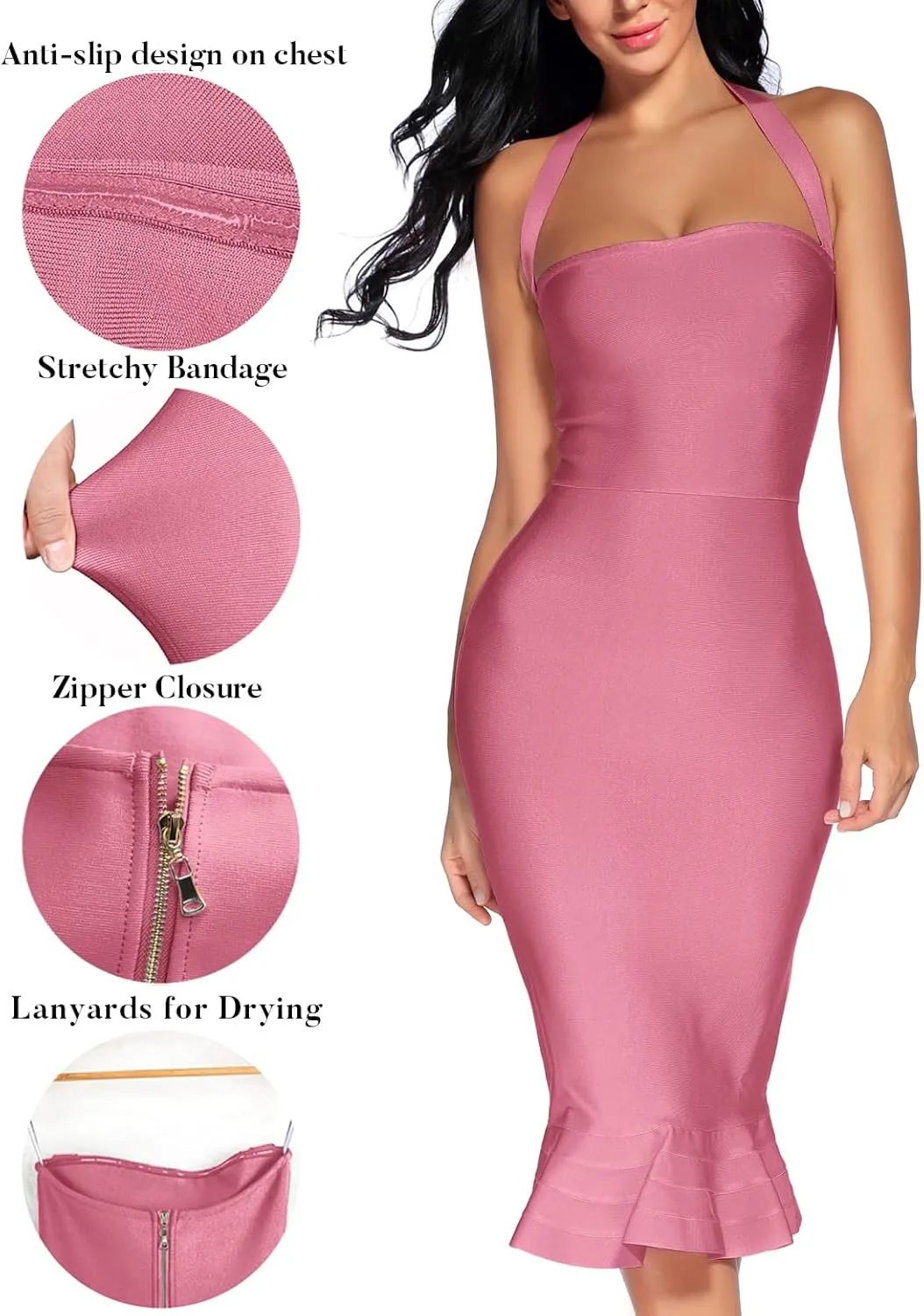 houstil Women's V Neck Halter Fishtail Bandage Bodycon Dress Party