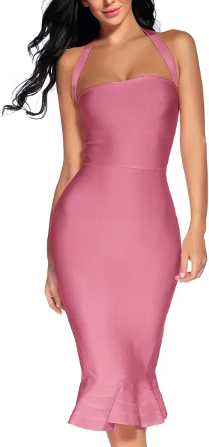 houstil Women's V Neck Halter Fishtail Bandage Bodycon Dress Party
