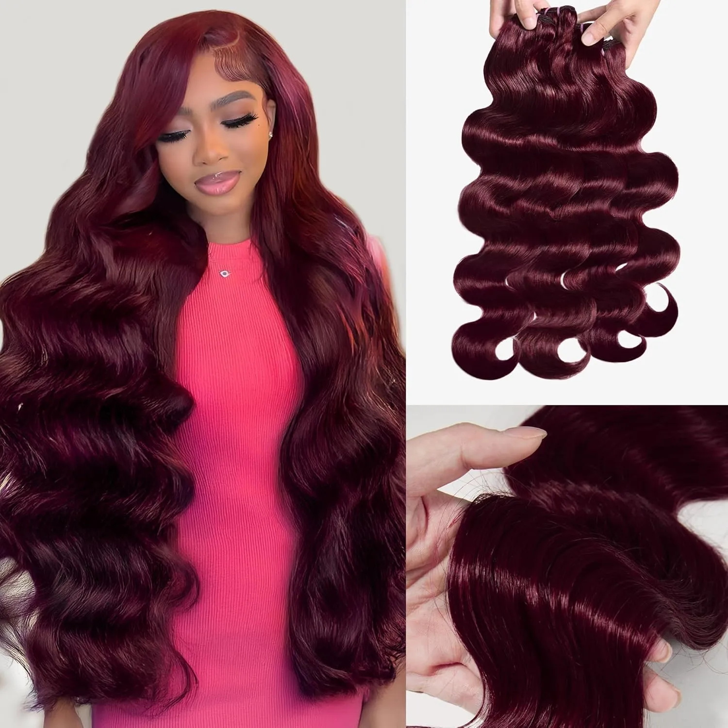 Human Hair Bundles 4 Bundles 16 18 20 22 Inch Hair Extensions Dark Burgundy Body Wave Bundles Human Hair 100% Unprocessed Brazilian Virgin Hair Quick Weave 99J