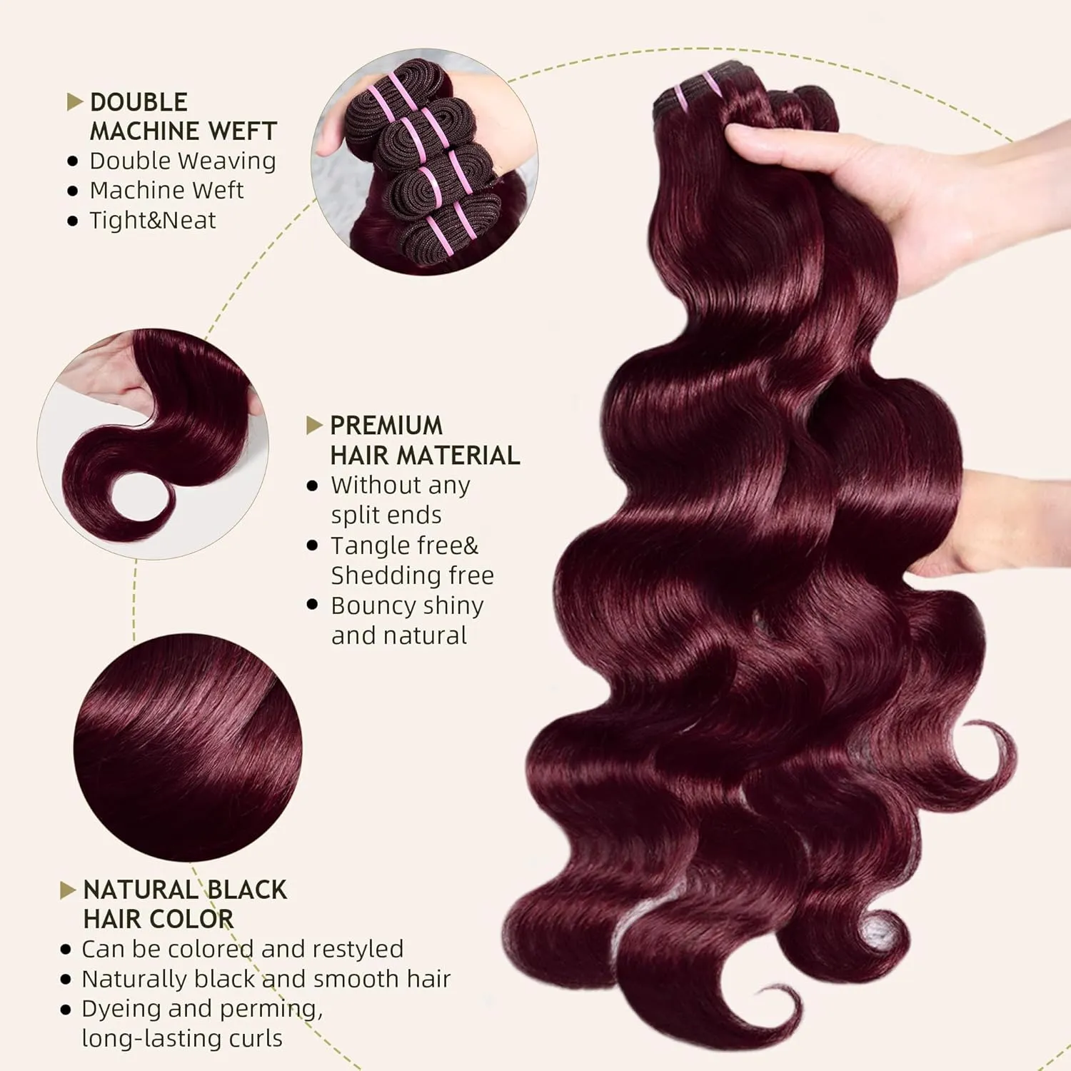 Human Hair Bundles 4 Bundles 16 18 20 22 Inch Hair Extensions Dark Burgundy Body Wave Bundles Human Hair 100% Unprocessed Brazilian Virgin Hair Quick Weave 99J
