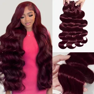 Human Hair Bundles 4 Bundles 16 18 20 22 Inch Hair Extensions Dark Burgundy Body Wave Bundles Human Hair 100% Unprocessed Brazilian Virgin Hair Quick Weave 99J