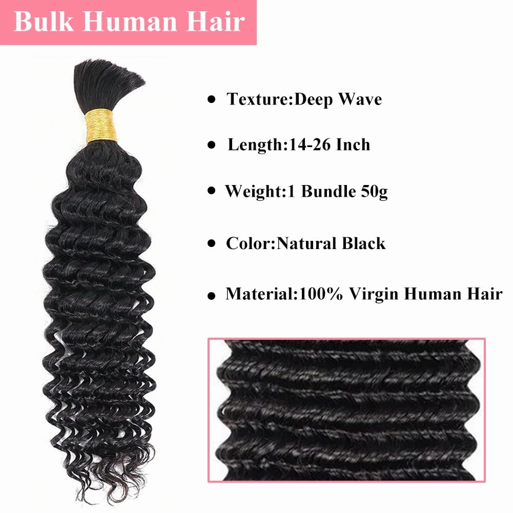Human Braiding Hair Deep Wave Bulk Human Hair for Braiding 1 Bundle No Weft 10A Brazilian Virgin Curly Human Hair Extensions for Boho Braids Wet and Wavy Human Hair Braiding Hair 50g(26 inch)