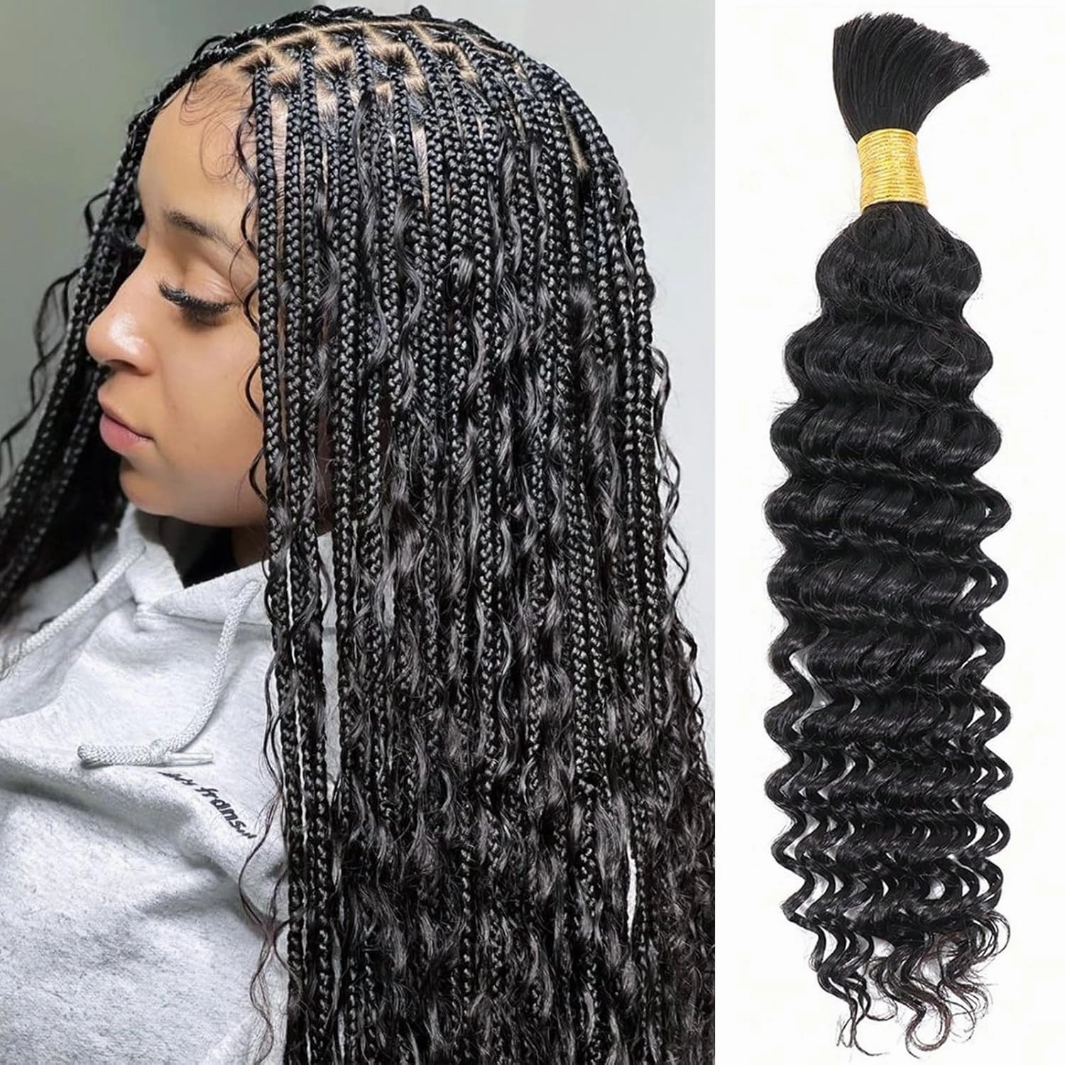 Human Braiding Hair Deep Wave Bulk Human Hair for Braiding 1 Bundle No Weft 10A Brazilian Virgin Curly Human Hair Extensions for Boho Braids Wet and Wavy Human Hair Braiding Hair 50g(26 inch)