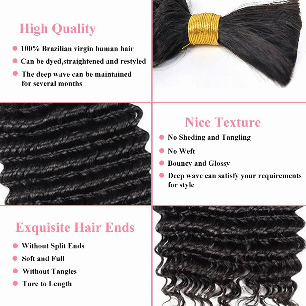 Human Braiding Hair Deep Wave Bulk Human Hair for Braiding 1 Bundle No Weft 10A Brazilian Virgin Curly Human Hair Extensions for Boho Braids Wet and Wavy Human Hair Braiding Hair 50g(26 inch)
