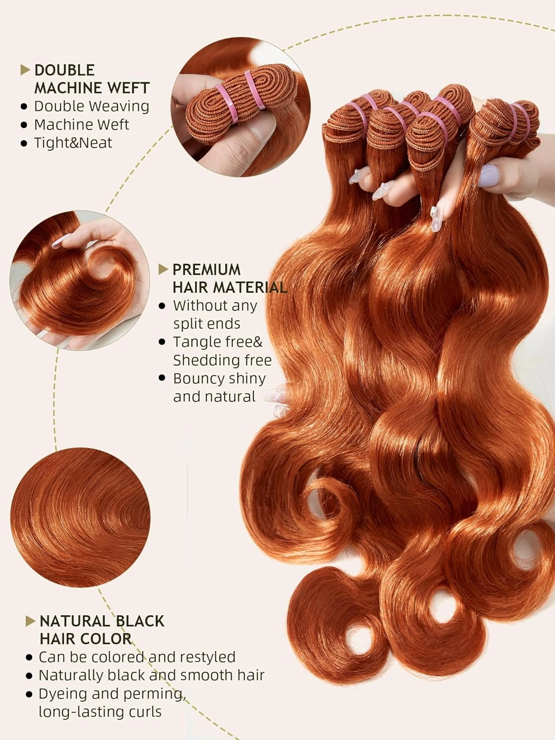Human Hair Bundles 4 Bundles 12 14 16 18 Inch Hair Extensions Ginger Orange Body Wave Bundles Human Hair 100% Unprocessed Brazilian Virgin Hiar Quick Weave 350