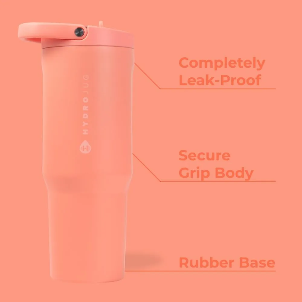 HydroJug Sport - Stainless Steel Tumbler with Straw, Vacuum Insulated, 32oz Leakproof Water Bottle, Ergonomic Design, Reusable, Dishwasher Safe, Rubber Base, Durable for Gym or Outdoors, Summer Peach