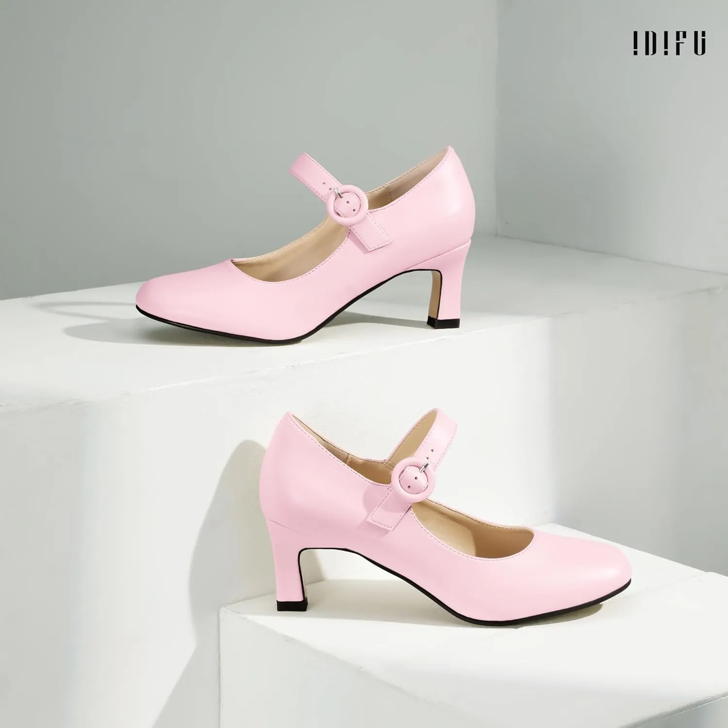 IDIFU IN3 Mary Jane Shoes Women's Closed Round Toe Low Short Small Heels Dressy Heeled Dress Shoes for Women Bride Ladies Wedding Work Comfortable Trendy Pumps with Round Buckle