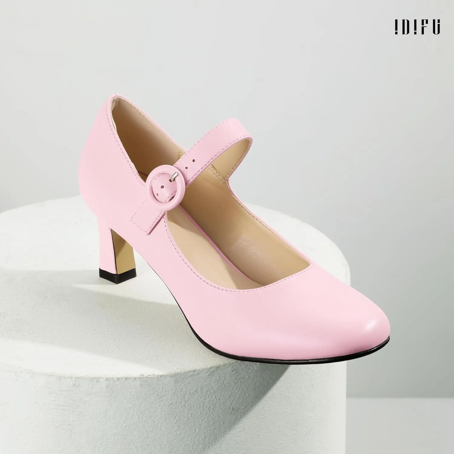 IDIFU IN3 Mary Jane Shoes Women's Closed Round Toe Low Short Small Heels Dressy Heeled Dress Shoes for Women Bride Ladies Wedding Work Comfortable Trendy Pumps with Round Buckle