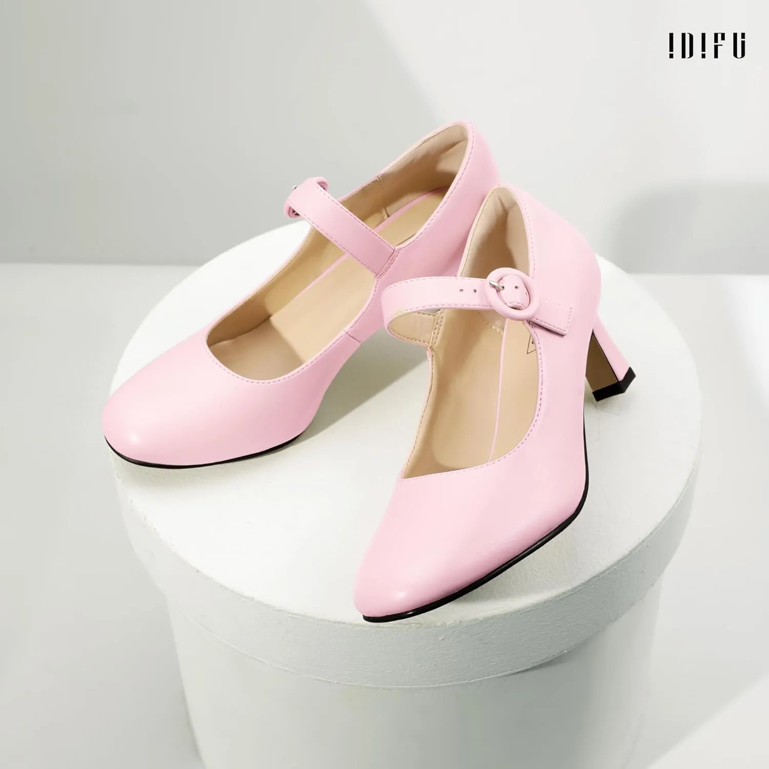 IDIFU IN3 Mary Jane Shoes Women's Closed Round Toe Low Short Small Heels Dressy Heeled Dress Shoes for Women Bride Ladies Wedding Work Comfortable Trendy Pumps with Round Buckle