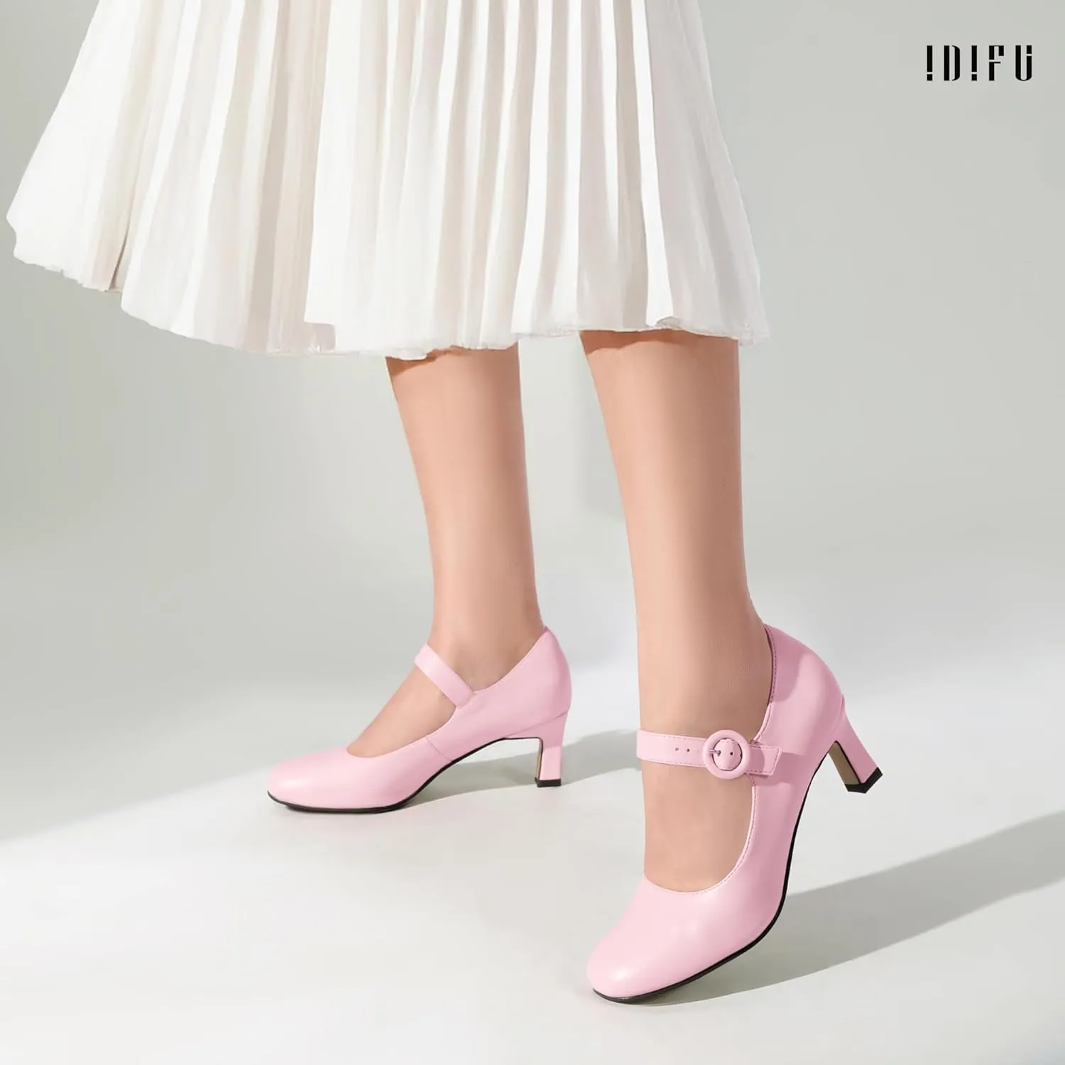 IDIFU IN3 Mary Jane Shoes Women's Closed Round Toe Low Short Small Heels Dressy Heeled Dress Shoes for Women Bride Ladies Wedding Work Comfortable Trendy Pumps with Round Buckle