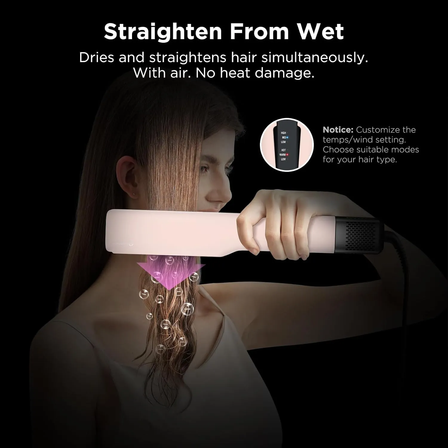 IG INGLAM Air Straightener, Style from Wet Hair, 2.2" Hair Dryer Straightener, 200M Negative Ionic, One-Step Air Straight for Medium and Long Hair(14"-30"), Pink