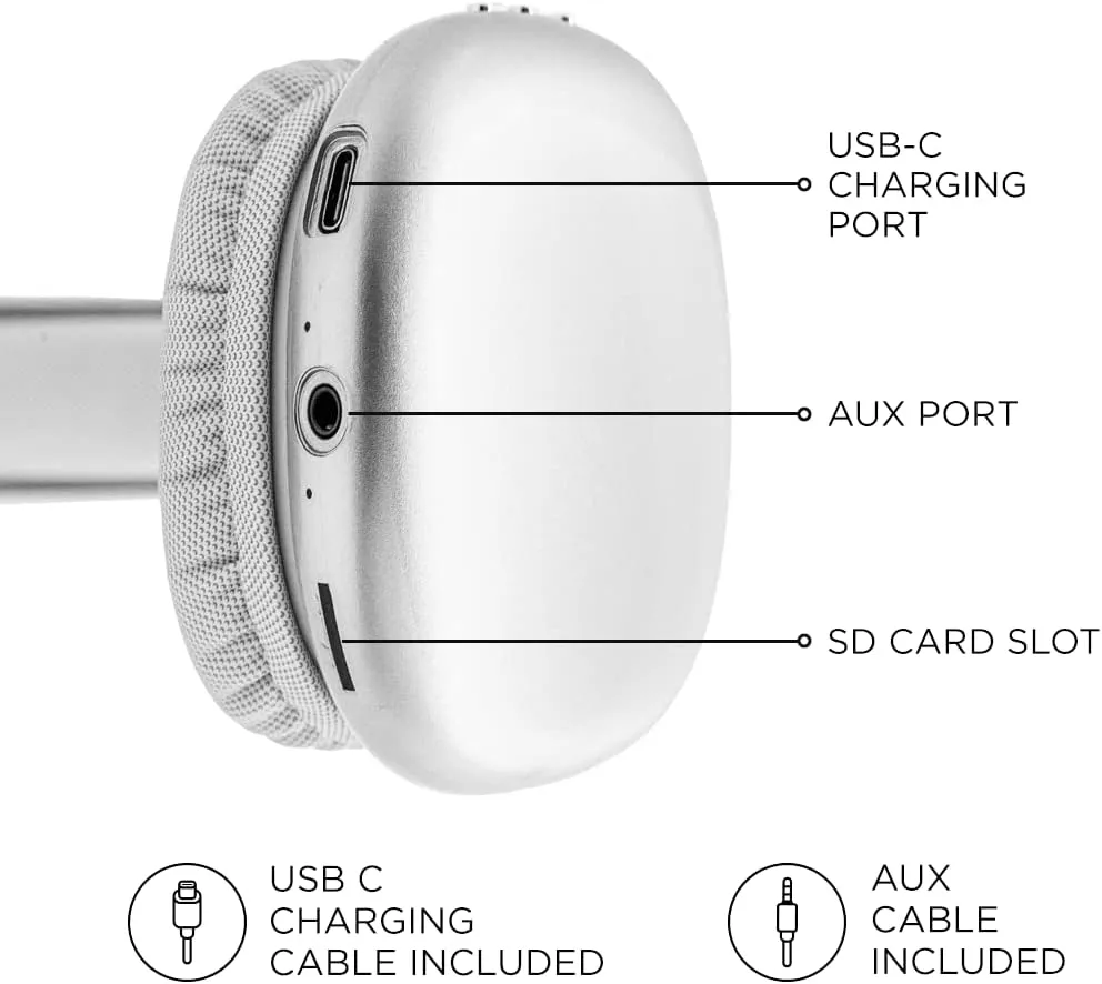iJoy Ultra Wireless Headphones with Microphone- Rechargeable Over Ear Wireless Bluetooth Headphones with 10Hr Playtime, SD Slot, Backup Wire- Soft Cushion Wireless Headset with Mic (Silver)