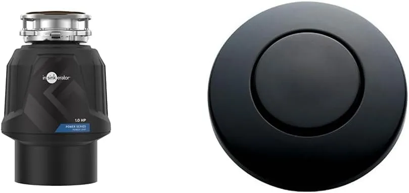 InSinkErator Power 1HP, 1 HP Garbage Disposal, Power Series EZ Connect Continuous Feed Food Waste Disposer, Black & STC-MTBLK Push SinkTop Switch Button, Matte Black