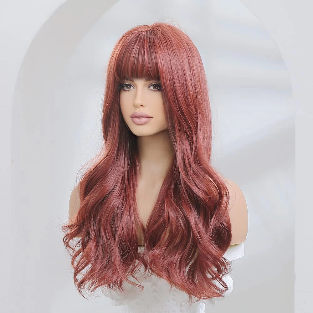 ISHINE Long Wavy Wigs, Burgundy Red Curly Wigs for Women, Natural Looking Synthetic Wig with Bangs, Hair Replacement Wigs for Daily Cosplay Party Halloween Costume 24 inch