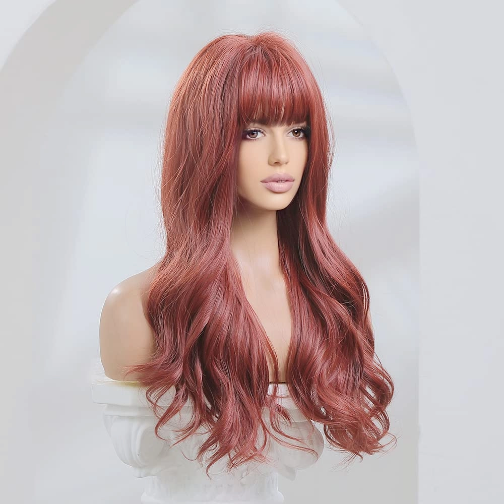 ISHINE Long Wavy Wigs, Burgundy Red Curly Wigs for Women, Natural Looking Synthetic Wig with Bangs, Hair Replacement Wigs for Daily Cosplay Party Halloween Costume 24 inch