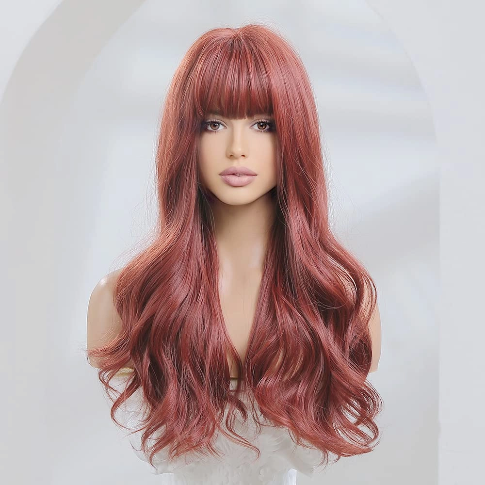ISHINE Long Wavy Wigs, Burgundy Red Curly Wigs for Women, Natural Looking Synthetic Wig with Bangs, Hair Replacement Wigs for Daily Cosplay Party Halloween Costume 24 inch