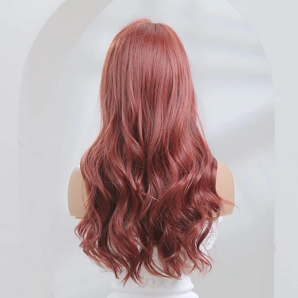 ISHINE Long Wavy Wigs, Burgundy Red Curly Wigs for Women, Natural Looking Synthetic Wig with Bangs, Hair Replacement Wigs for Daily Cosplay Party Halloween Costume 24 inch