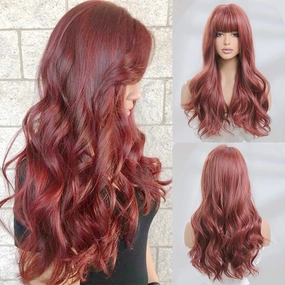 ISHINE Long Wavy Wigs, Burgundy Red Curly Wigs for Women, Natural Looking Synthetic Wig with Bangs, Hair Replacement Wigs for Daily Cosplay Party Halloween Costume 24 inch